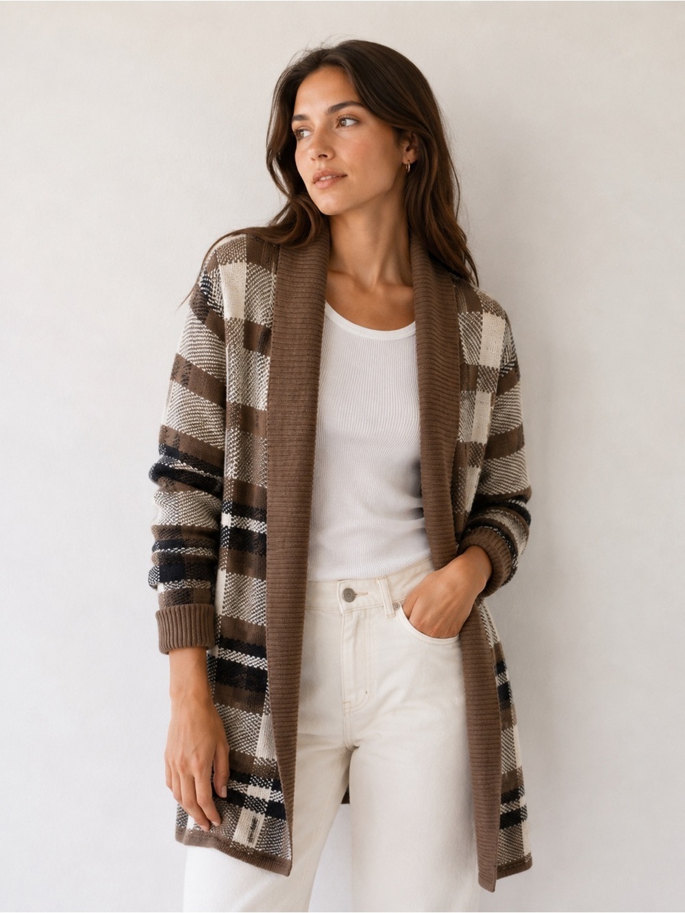Isaac Mizrahi Women’s Cardigan 1X Knit Brown Plaid Open Front Sweater Fall